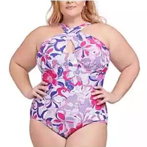 NEW Lysa Plus size 0X "Kylie" swimsuit Floral Keyhole Halter One-Piece Swimsuit
